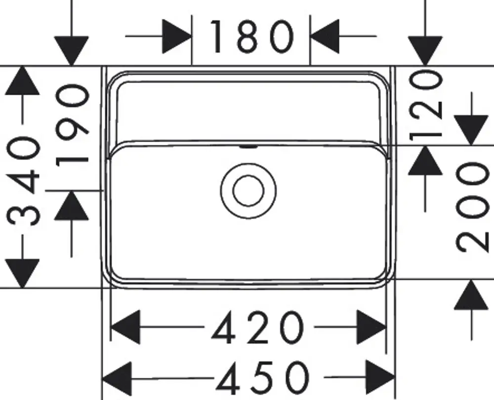Weißes Handwaschbecken ohne Hahnloch und mit Überlauf, dargestellt in technischer Zeichnung. Maße sind schematisch eingezeichnet. Produkt von Hansgrohe.